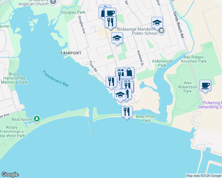 map of restaurants, bars, coffee shops, grocery stores, and more near 1281 Wharf Street in Pickering