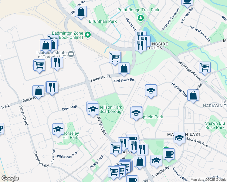 map of restaurants, bars, coffee shops, grocery stores, and more near 54 Neilson Park Drive in Toronto