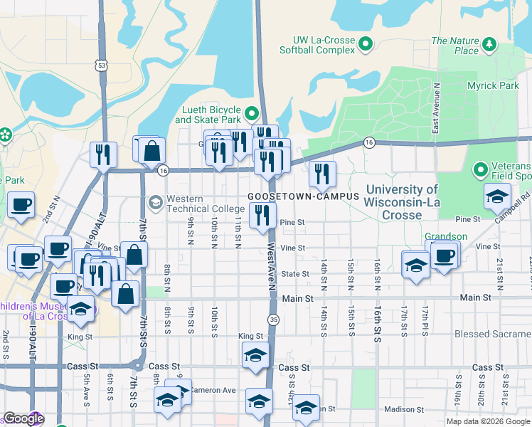 map of restaurants, bars, coffee shops, grocery stores, and more near 411 West Avenue North in La Crosse