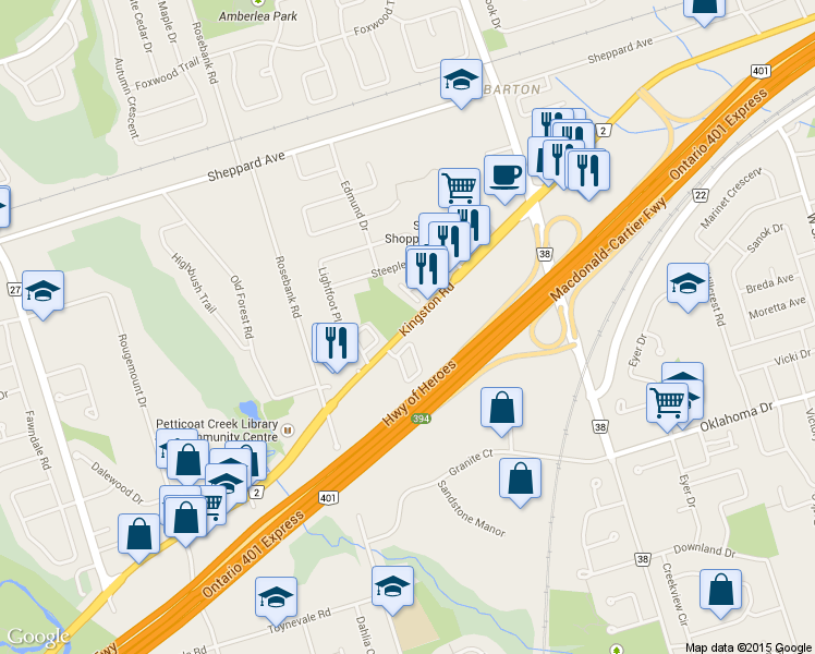 map of restaurants, bars, coffee shops, grocery stores, and more near 550 Kingston Road in Pickering