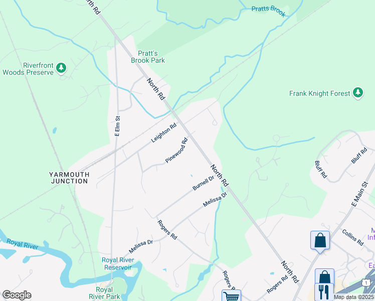 map of restaurants, bars, coffee shops, grocery stores, and more near 44 Pinewood Road in Yarmouth