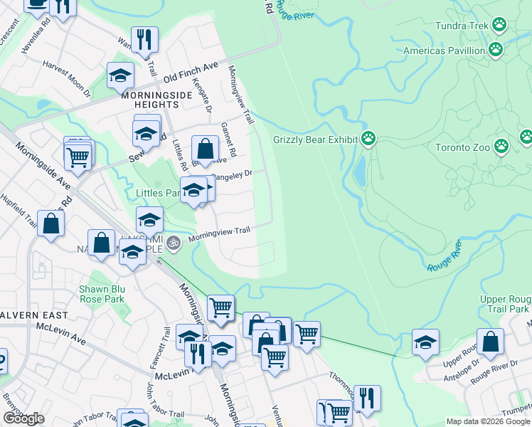 map of restaurants, bars, coffee shops, grocery stores, and more near 130 Morningview Trail in Toronto