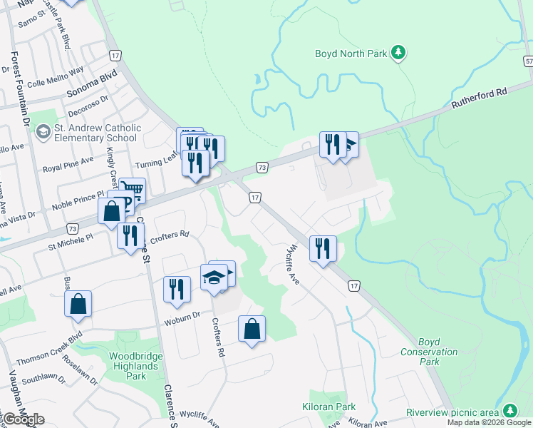 map of restaurants, bars, coffee shops, grocery stores, and more near 21 Alterra Court in Vaughan