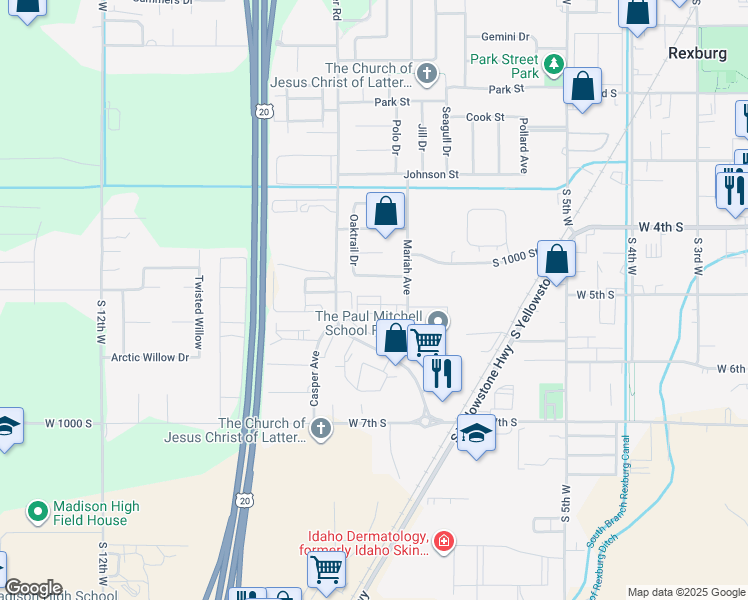 map of restaurants, bars, coffee shops, grocery stores, and more near 565 Pioneer Road in Rexburg