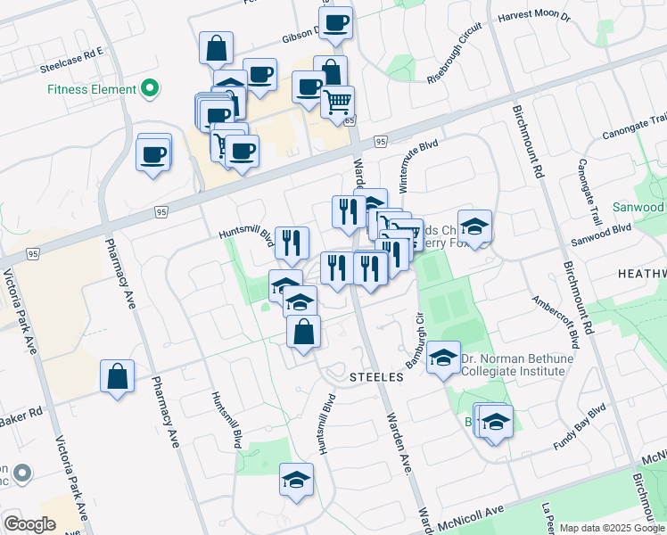 map of restaurants, bars, coffee shops, grocery stores, and more near 75 Bamburgh Circle in Toronto