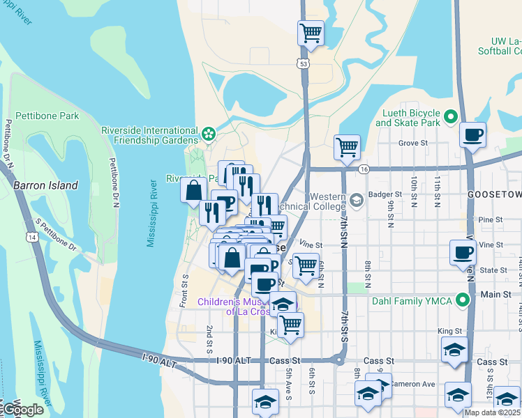 map of restaurants, bars, coffee shops, grocery stores, and more near 220 2nd Street North in La Crosse
