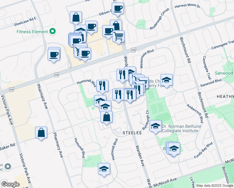 map of restaurants, bars, coffee shops, grocery stores, and more near 55 Bamburgh Circle in Toronto