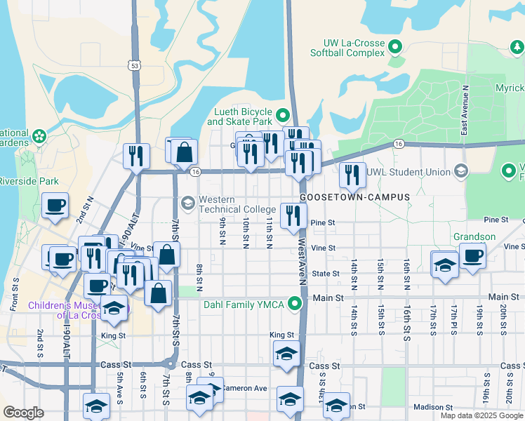 map of restaurants, bars, coffee shops, grocery stores, and more near 1011 Pine Street in La Crosse