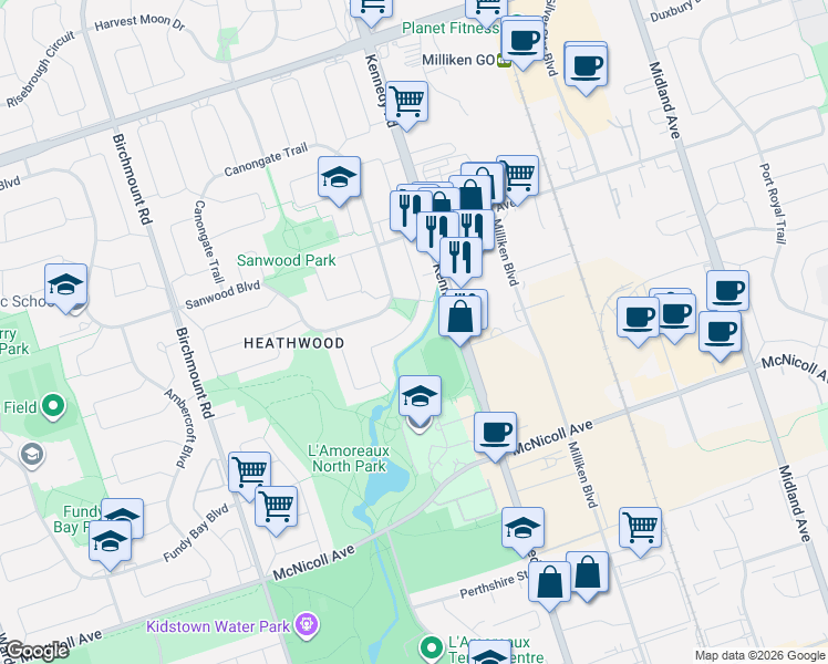 map of restaurants, bars, coffee shops, grocery stores, and more near 65 Shepton Way in Toronto