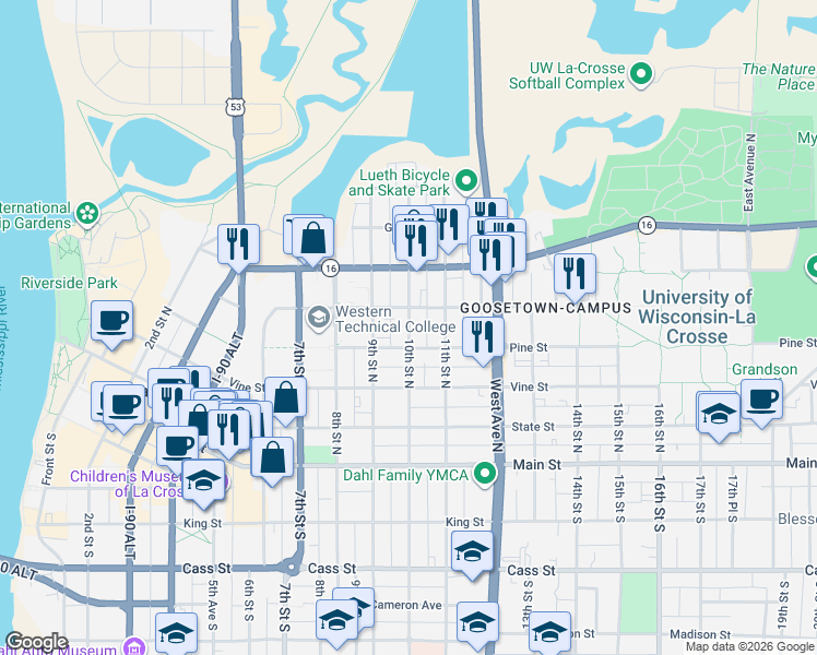 map of restaurants, bars, coffee shops, grocery stores, and more near 1011 Pine Street in La Crosse
