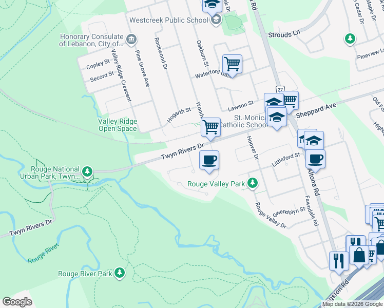 map of restaurants, bars, coffee shops, grocery stores, and more near in Pickering