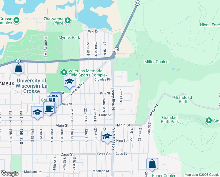 map of restaurants, bars, coffee shops, grocery stores, and more near 415 Losey Boulevard North in La Crosse