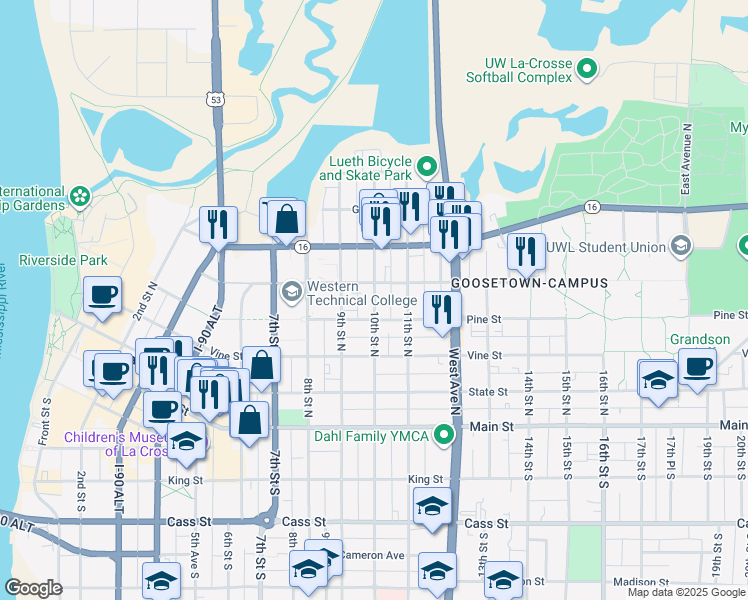 map of restaurants, bars, coffee shops, grocery stores, and more near 1011 Pine Street in La Crosse