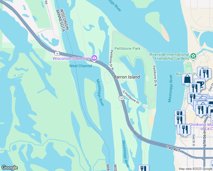map of restaurants, bars, coffee shops, grocery stores, and more near 529 Park Plaza Drive in La Crosse