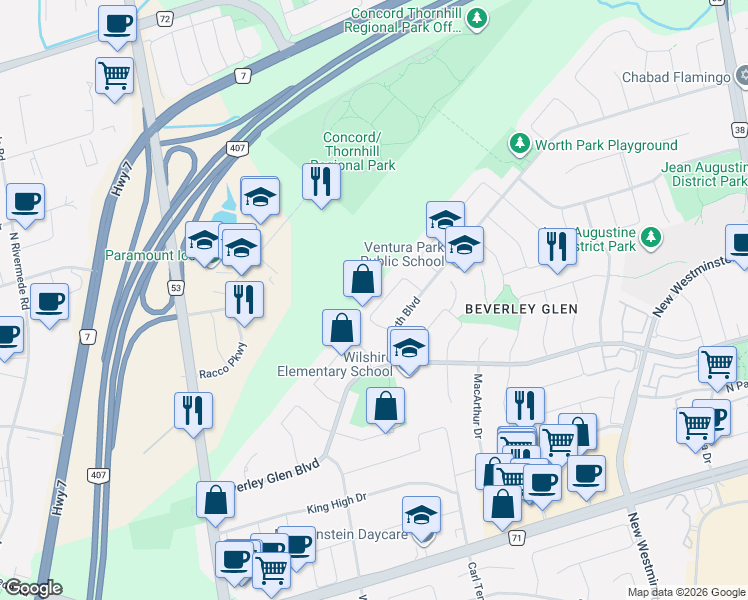 map of restaurants, bars, coffee shops, grocery stores, and more near 26 Venice Crescent in Vaughan