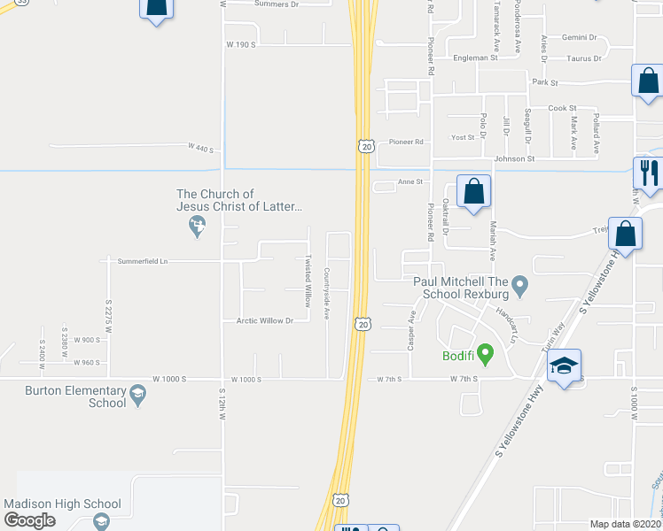 map of restaurants, bars, coffee shops, grocery stores, and more near 501 Countryside Avenue in Rexburg