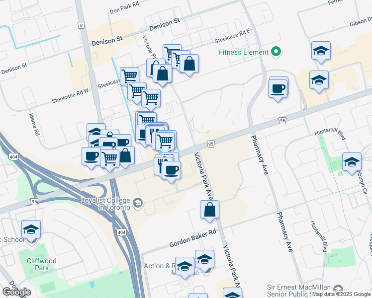 map of restaurants, bars, coffee shops, grocery stores, and more near 3196 Steeles Avenue East in Markham