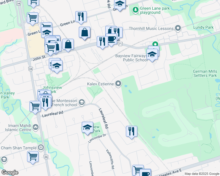 map of restaurants, bars, coffee shops, grocery stores, and more near 196 Bayview Fairways Drive in Markham