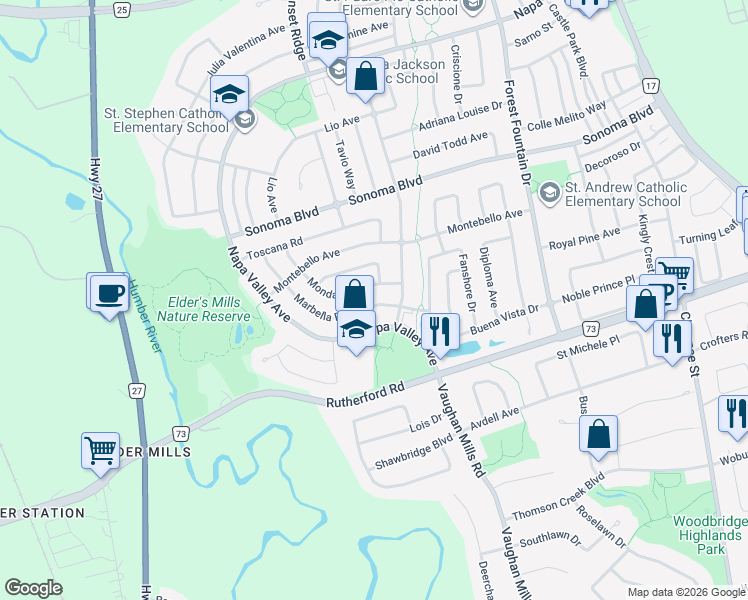 map of restaurants, bars, coffee shops, grocery stores, and more near in Vaughan