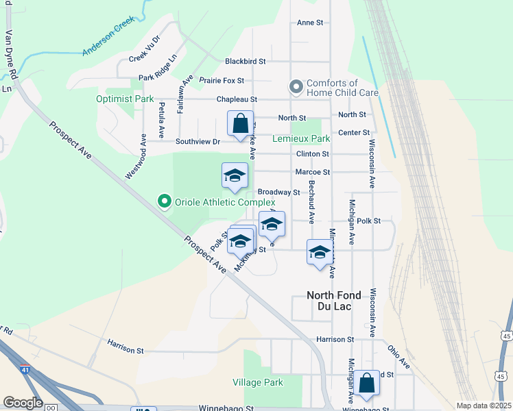 map of restaurants, bars, coffee shops, grocery stores, and more near 255 Polk Street in North Fond du Lac