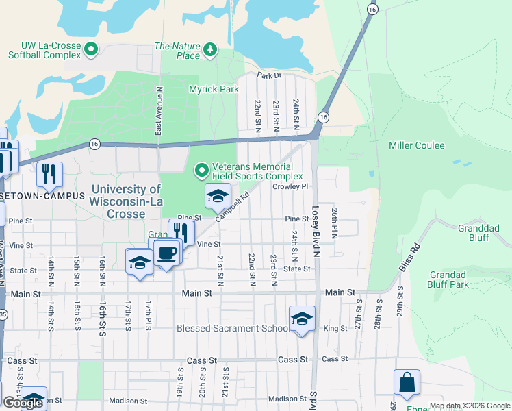 map of restaurants, bars, coffee shops, grocery stores, and more near 333 23rd Street North in La Crosse
