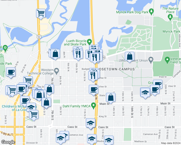 map of restaurants, bars, coffee shops, grocery stores, and more near 1110 Pine Street in La Crosse
