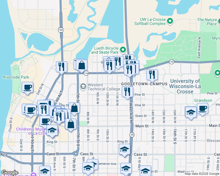 map of restaurants, bars, coffee shops, grocery stores, and more near 1011 Pine Street in La Crosse
