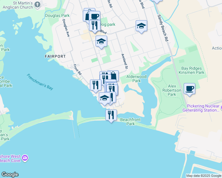 map of restaurants, bars, coffee shops, grocery stores, and more near 631 Liverpool Road in Pickering