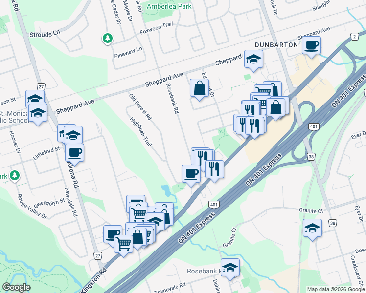 map of restaurants, bars, coffee shops, grocery stores, and more near 1438 Rosebank Road in Pickering