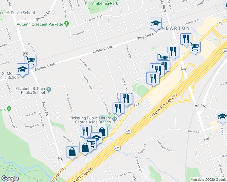 map of restaurants, bars, coffee shops, grocery stores, and more near 1428 Rosebank Road in Pickering