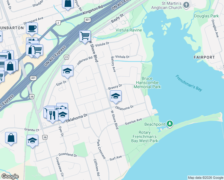 map of restaurants, bars, coffee shops, grocery stores, and more near 756 Breezy Drive in Pickering