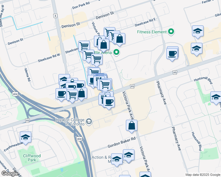 map of restaurants, bars, coffee shops, grocery stores, and more near 3196 Steeles Avenue East in Markham