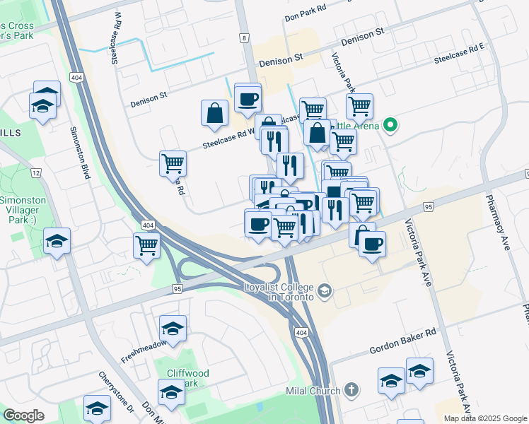 map of restaurants, bars, coffee shops, grocery stores, and more near 200-7030 Woodbine Avenue in Markham
