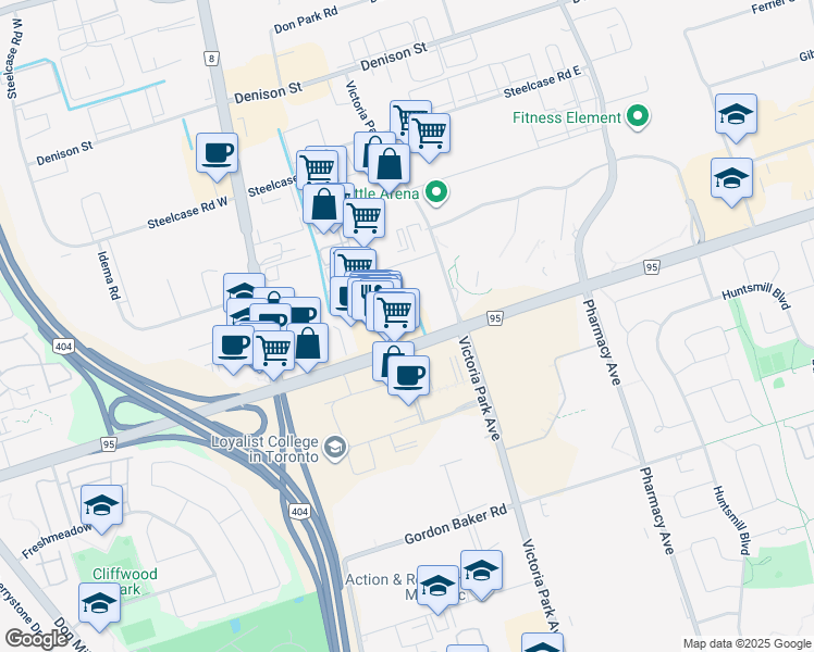 map of restaurants, bars, coffee shops, grocery stores, and more near 3190 Steeles Avenue East in Markham