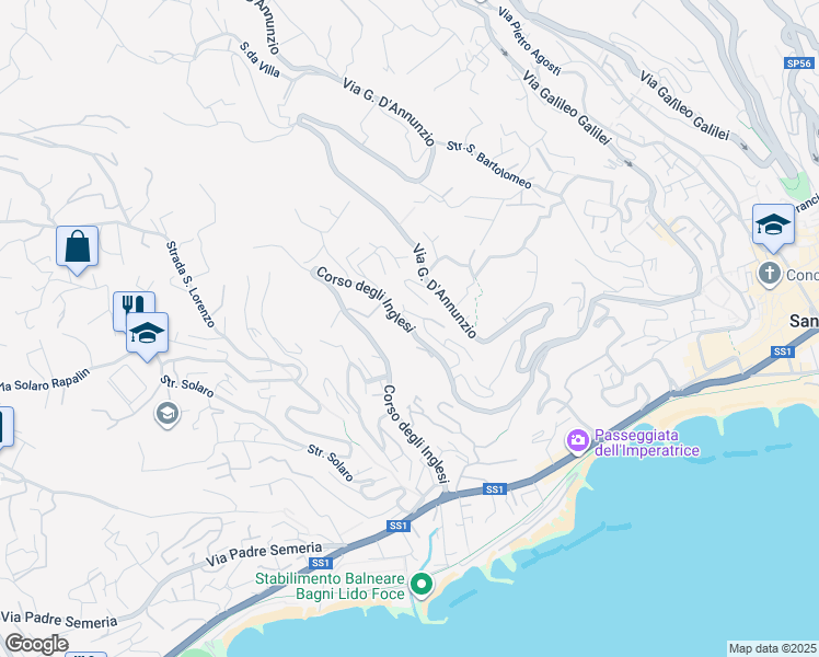 map of restaurants, bars, coffee shops, grocery stores, and more near 490 Corso degli Inglesi in Sanremo