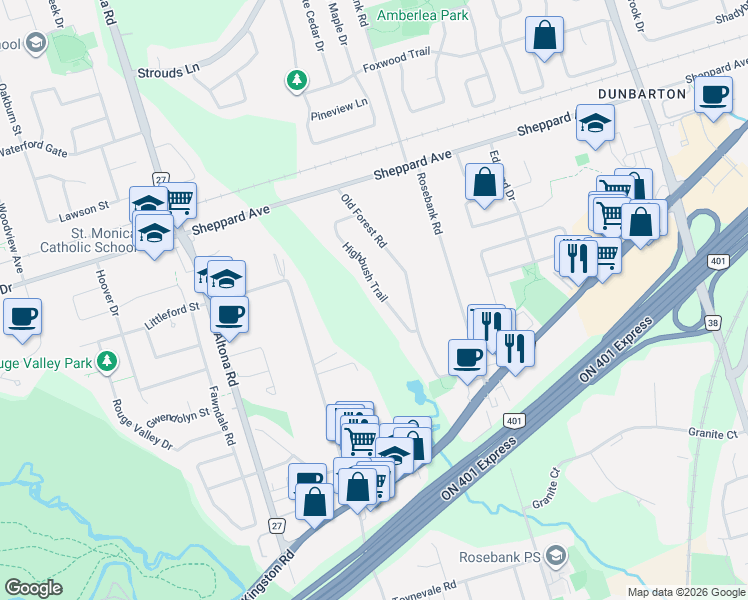 map of restaurants, bars, coffee shops, grocery stores, and more near 1443 Highbush Trail in Pickering
