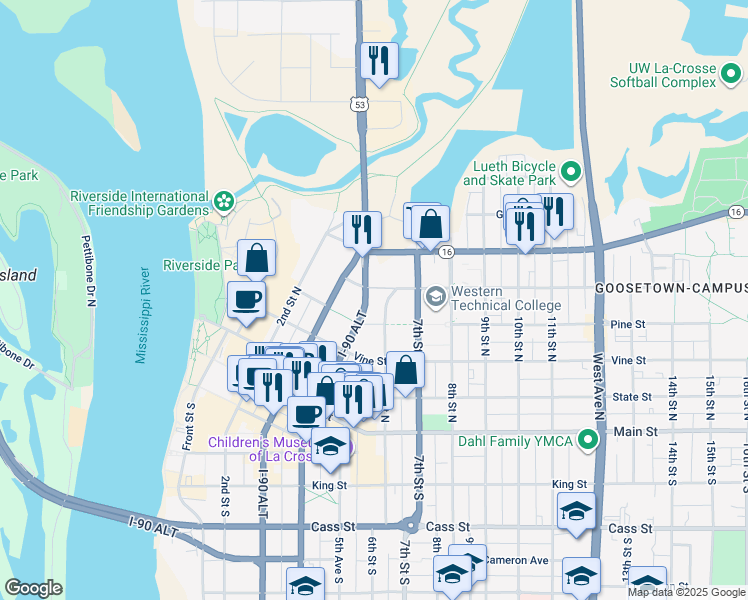 map of restaurants, bars, coffee shops, grocery stores, and more near 415 6th Street North in La Crosse