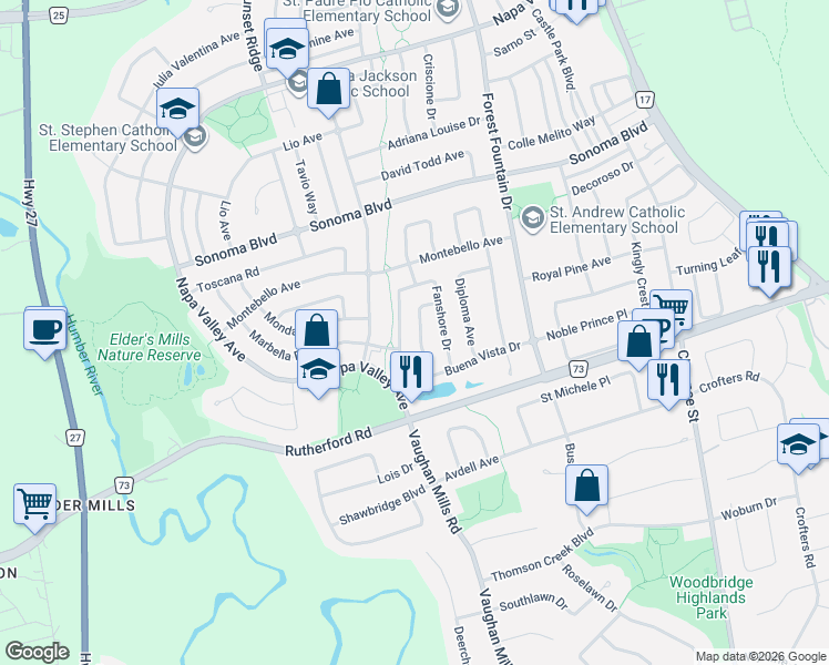 map of restaurants, bars, coffee shops, grocery stores, and more near 83 Mendocino Drive in Vaughan