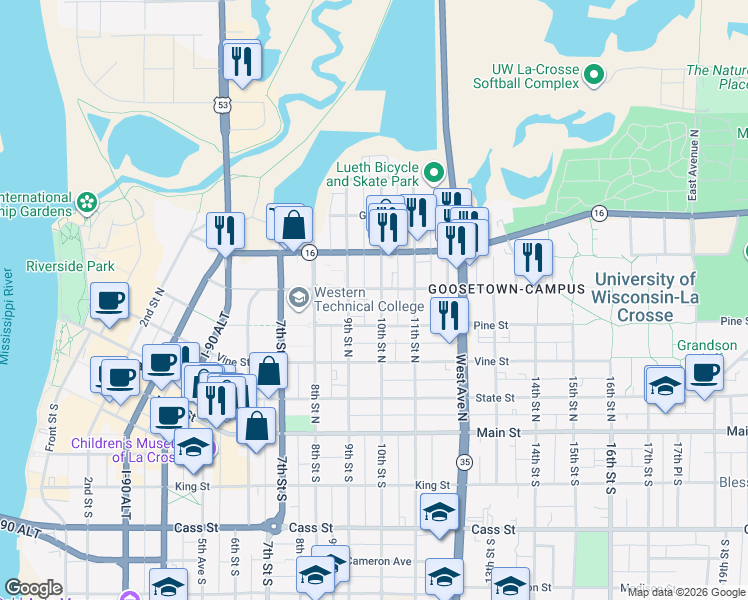 map of restaurants, bars, coffee shops, grocery stores, and more near 508 9th Street North in La Crosse