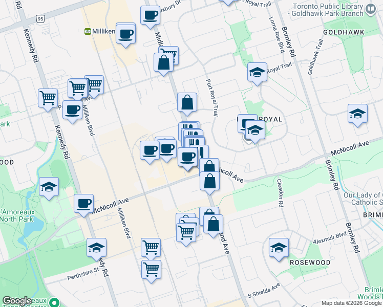map of restaurants, bars, coffee shops, grocery stores, and more near 3720 Midland Avenue in Toronto