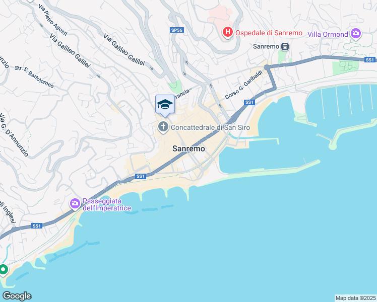 map of restaurants, bars, coffee shops, grocery stores, and more near Strada Statale 1 in Sanremo