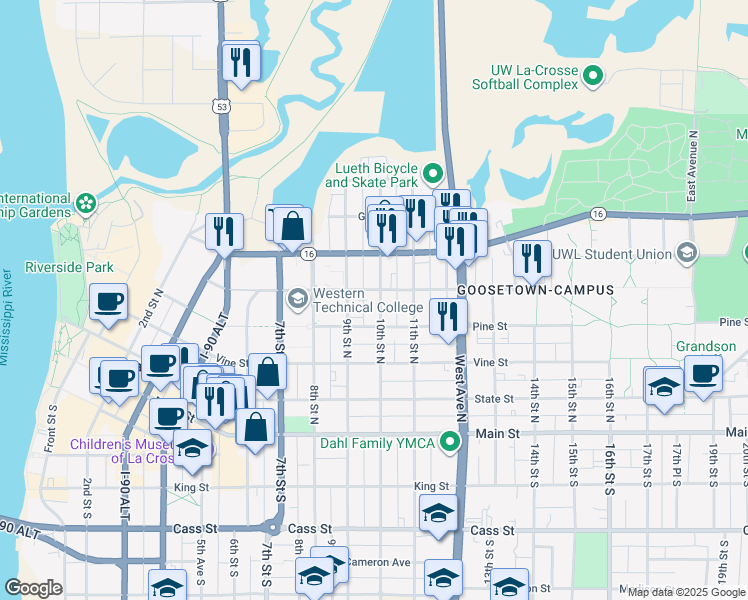 map of restaurants, bars, coffee shops, grocery stores, and more near 508 10th Street North in La Crosse