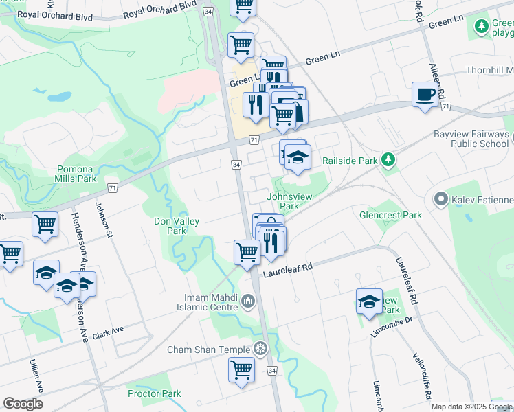 map of restaurants, bars, coffee shops, grocery stores, and more near 15 Harper Way in Markham