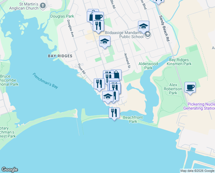 map of restaurants, bars, coffee shops, grocery stores, and more near 1295 Wharf Street in Pickering