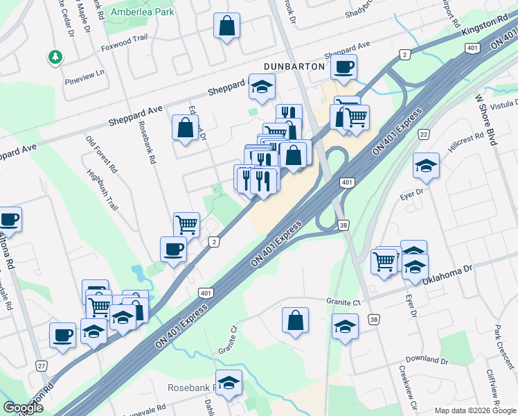 map of restaurants, bars, coffee shops, grocery stores, and more near 607 Kingston Road in Pickering