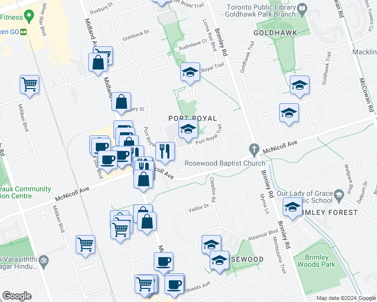 map of restaurants, bars, coffee shops, grocery stores, and more near 28 Bramblebrook Avenue in Toronto