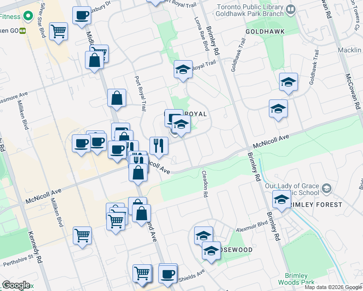 map of restaurants, bars, coffee shops, grocery stores, and more near 28 Bramblebrook Avenue in Toronto