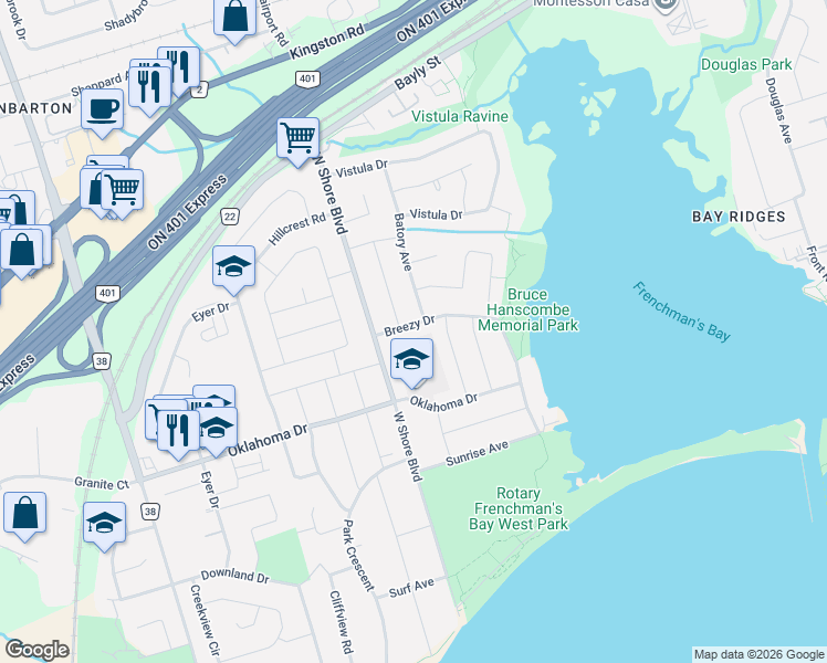 map of restaurants, bars, coffee shops, grocery stores, and more near 748 Breezy Drive in Pickering