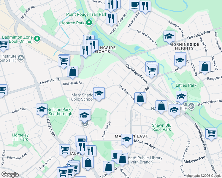 map of restaurants, bars, coffee shops, grocery stores, and more near 181 Hupfield Trail in Toronto