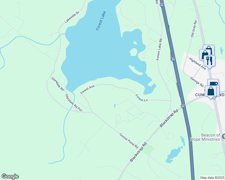 map of restaurants, bars, coffee shops, grocery stores, and more near 40 Forest Lane in Windham